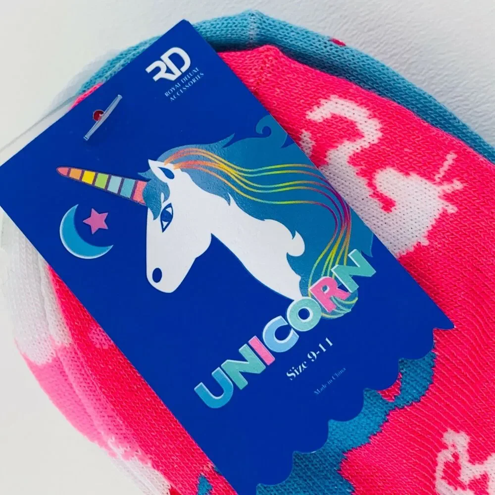 Women's Girls 3 Pk Unicorn Low Cut Socks Novelty Print Pink, White, Blue Sz 9-11